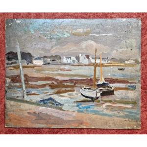 André Planson 1898-1981 Un port breton à marée basse Huile sur carton