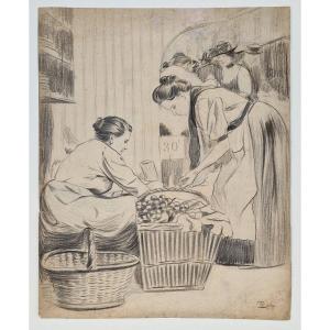 Fernand Piet 1869-1941 Au marché de Clignancourt Dessin au crayon noir.