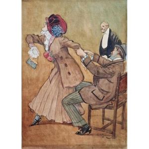 Albert Jarach 1874-1962 En visite Aquarelle