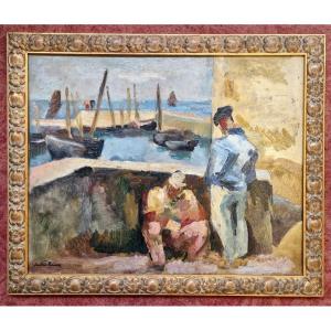 André Planson 1898–1981 Breton Sailors At The Harbor Oil On Cardboard