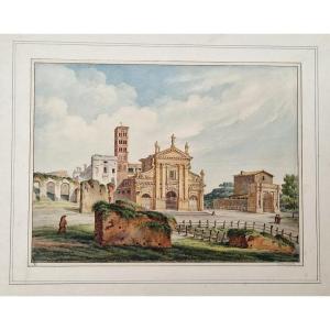 Karl Ludwig von Zanth La Basilique Sainte Françoise Romaine à Rome Aquarelle