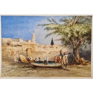Jules Michel Chandelier 1813-1871 Halte à la fontaine Aquarelle