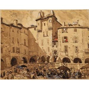 Edouard Bouillère 1900-1967 Jour de marché à Villefranche de Rouergue