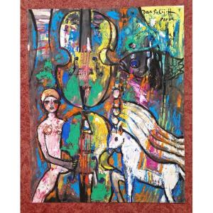 Daniil Andreivich Solojeff 1903–1994 Woman, Horse, Violin Acrylic On Paper