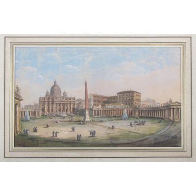 Saint Pierre De Rome Gouache 19ème Siècle