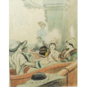 Tony Minartz 1878-1944 La Loge De Théâtre Aquarelle