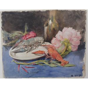 Adolphe Lalauze 1839-1905 Still Life With Crayfish Watercolor