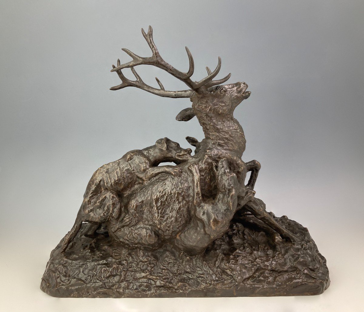 Stag Attacked By Three Dogs - Bronze By Christophe Fratin (1801 - 1864)-photo-2