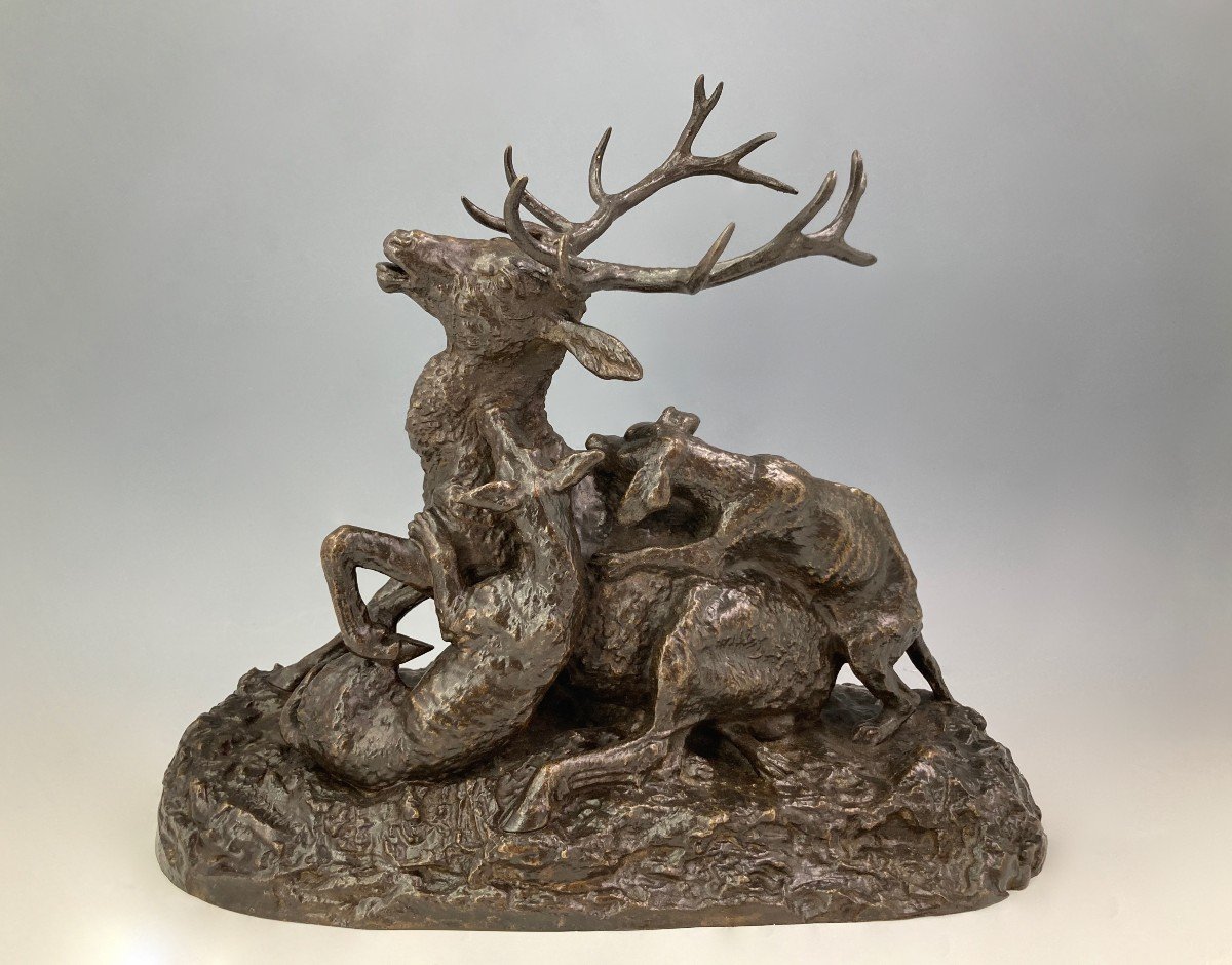 Stag Attacked By Three Dogs - Bronze By Christophe Fratin (1801 - 1864)