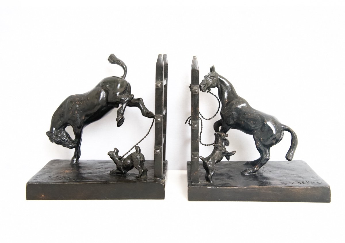 Paire de serres-livres, Chevaux et Chiens - Bronzes de Gaston d'Illiers (1876 - 1932)-photo-2