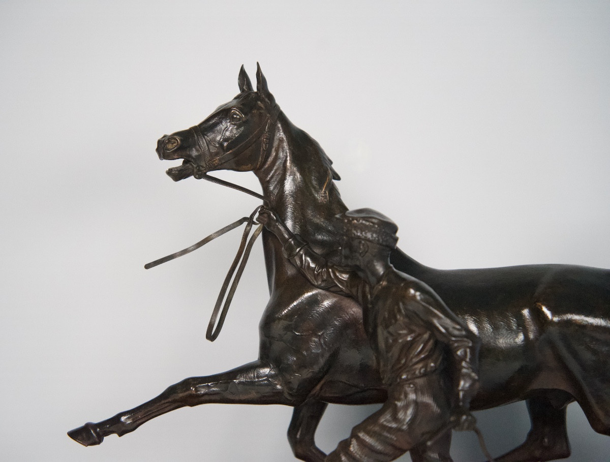 Cheval à l'entraînement avec son lad - Bronze d'Arthur du Passage (1838 - 1909)-photo-1
