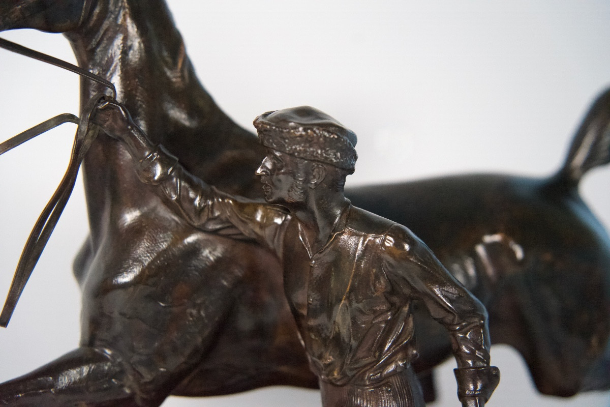 Cheval à l'entraînement avec son lad - Bronze d'Arthur du Passage (1838 - 1909)-photo-2