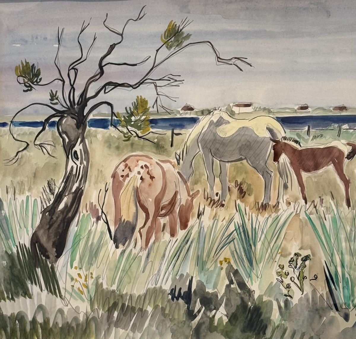 Juments et poulains en Camargue - Aquarelle d'Yves Brayer-photo-3