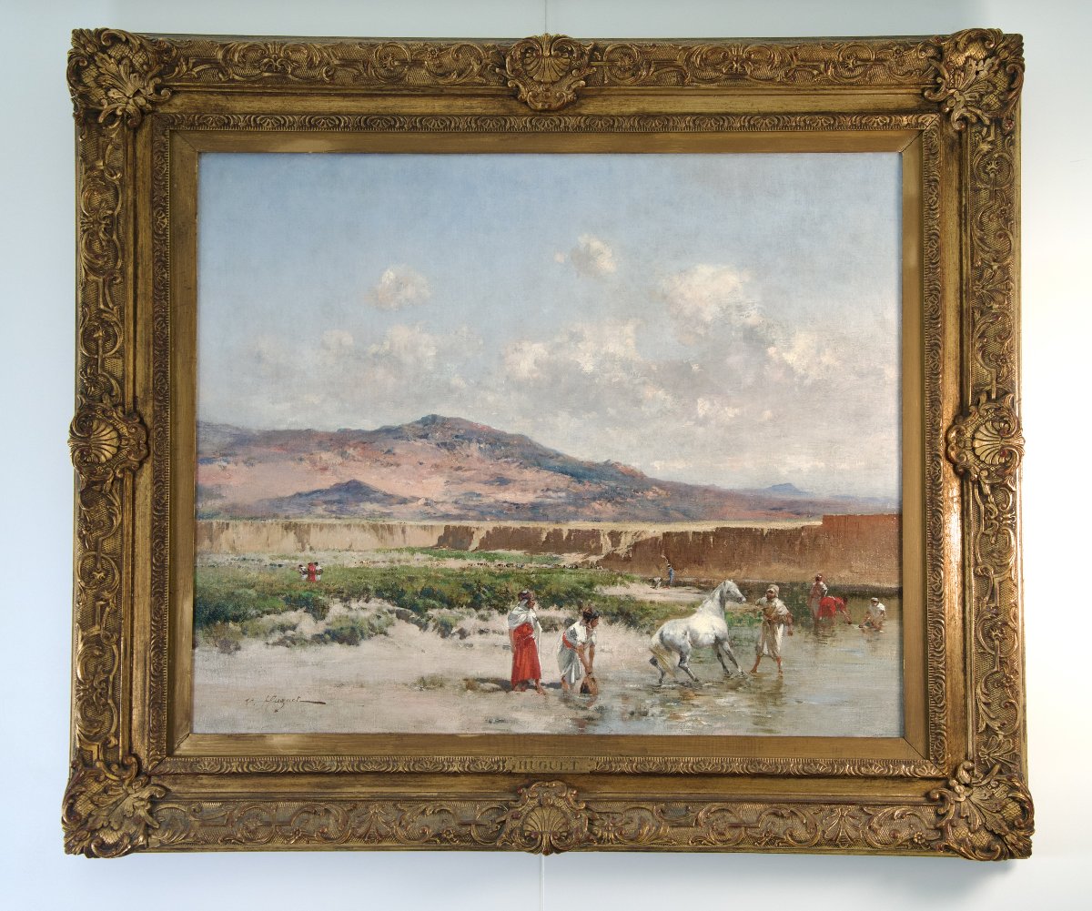 Au bord de l'Oued, Algérie - Tableau orientaliste de Victor Huguet (1835-1902)-photo-2