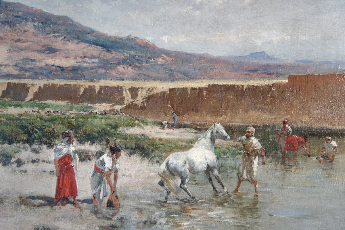 Au bord de l'Oued, Algérie - Tableau orientaliste de Victor Huguet (1835-1902)-photo-3