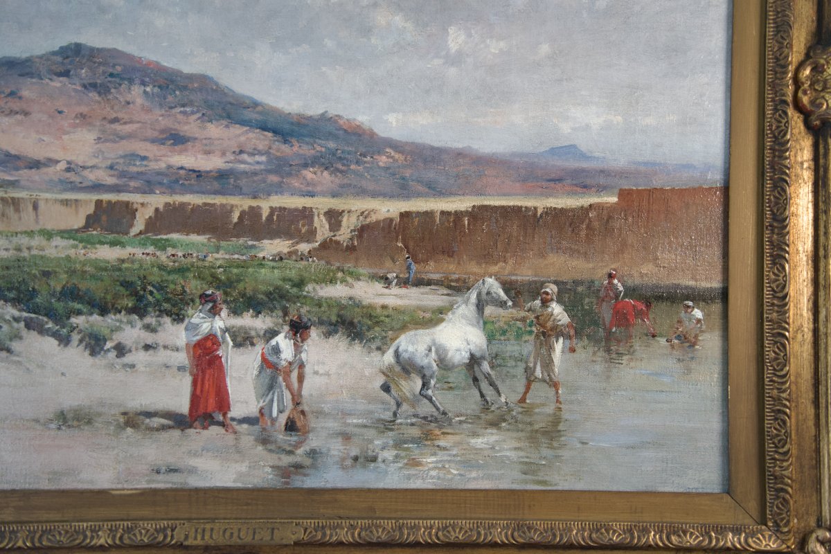Au bord de l'Oued, Algérie - Tableau orientaliste de Victor Huguet (1835-1902)-photo-1