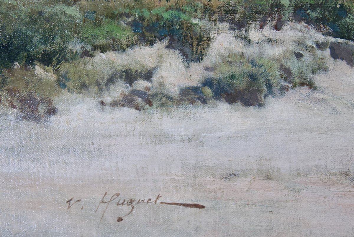 Au bord de l'Oued, Algérie - Tableau orientaliste de Victor Huguet (1835-1902)-photo-2