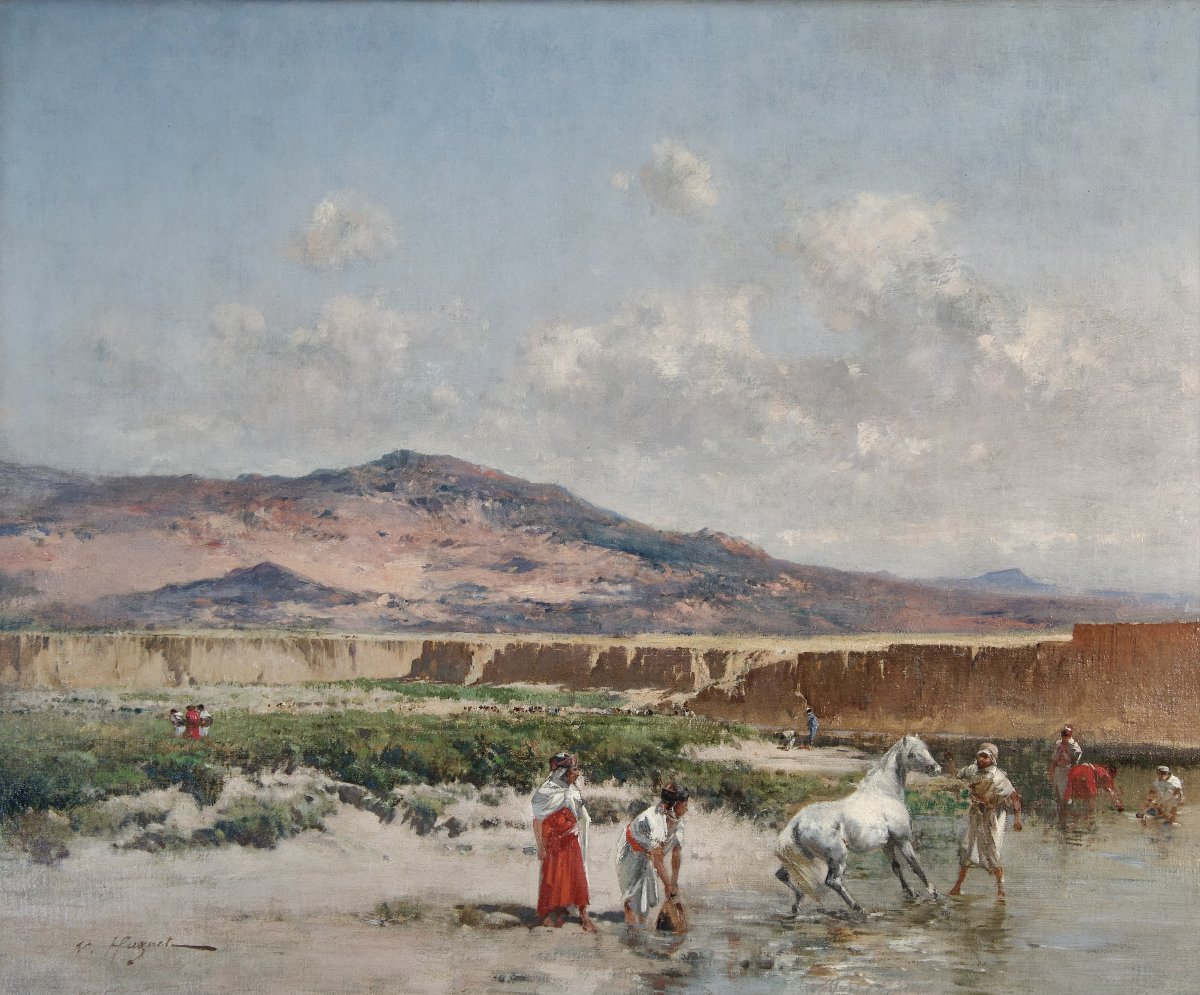 Au bord de l'Oued, Algérie - Tableau orientaliste de Victor Huguet (1835-1902)