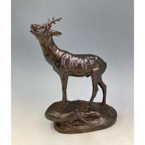 Barking Roebuck - Bronze By Clovis Edmond Masson (1838 - 1913)