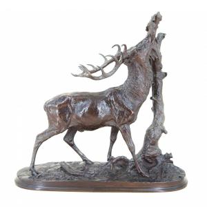 The Browsing Stag N°1 - Bronze By Pierre-jules Mêne (1810 - 1879)