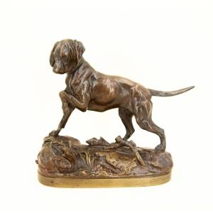 Dog Pointing A Hare - Bronze By Prosper Lecourtier (1851 - 1925)