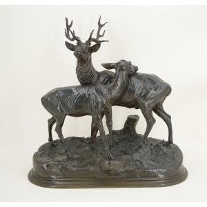 Stag And Doe - Bronze By Alfred Dubucand (1828 - 1894)