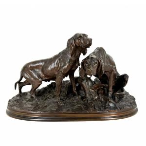 Groupe Chiens au repos (race Saintongeoise) - Bronze de Pierre-jules Mêne (1810 - 1879)