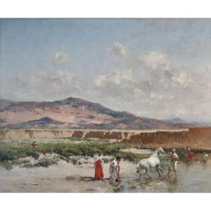 Au bord de l'Oued, Algérie - Tableau orientaliste de Victor Huguet (1835-1902)