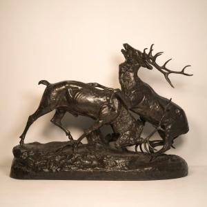 Combat de cerfs - Sculpture en bronze de Clovis-Edmond Masson (1838-1913)