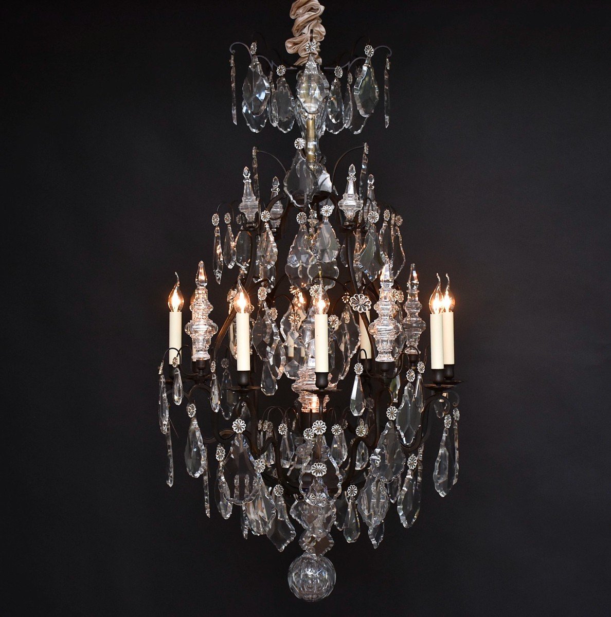 Large Cage Chandelier In Bronze And Crystal By Baccarat Louis XV Style