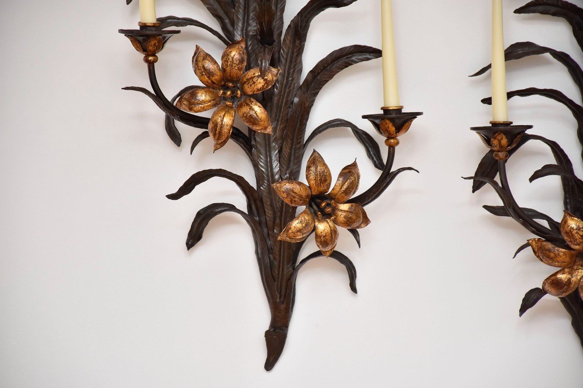 Large Gold And Patinated Flower Sconces-photo-2