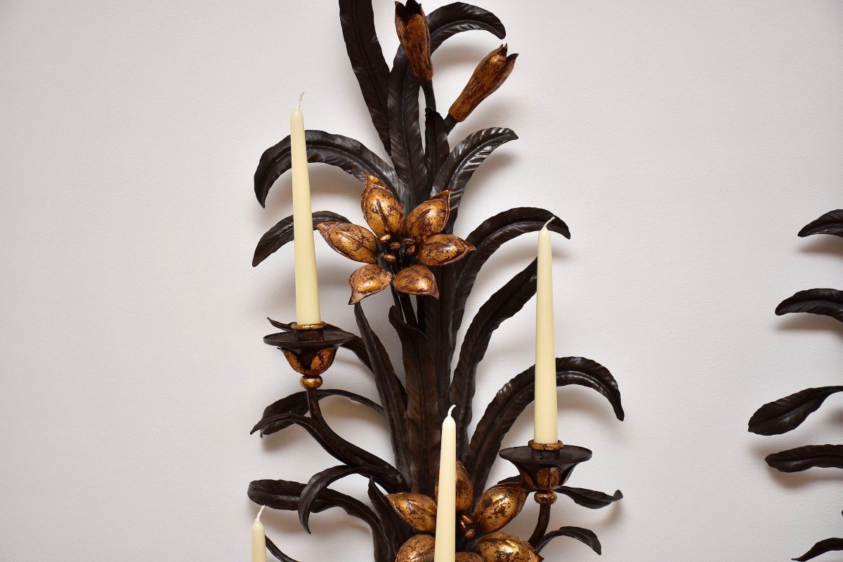 Large Gold And Patinated Flower Sconces-photo-3