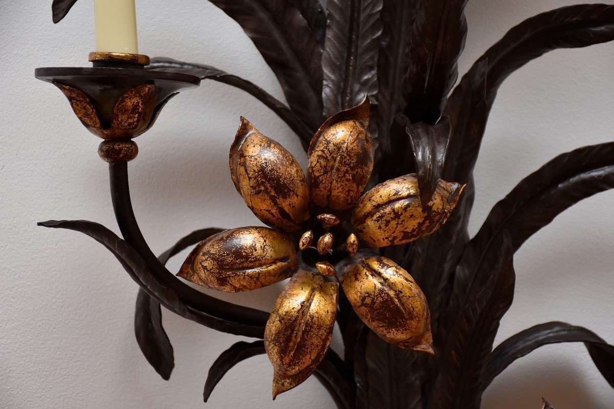 Large Gold And Patinated Flower Sconces-photo-4
