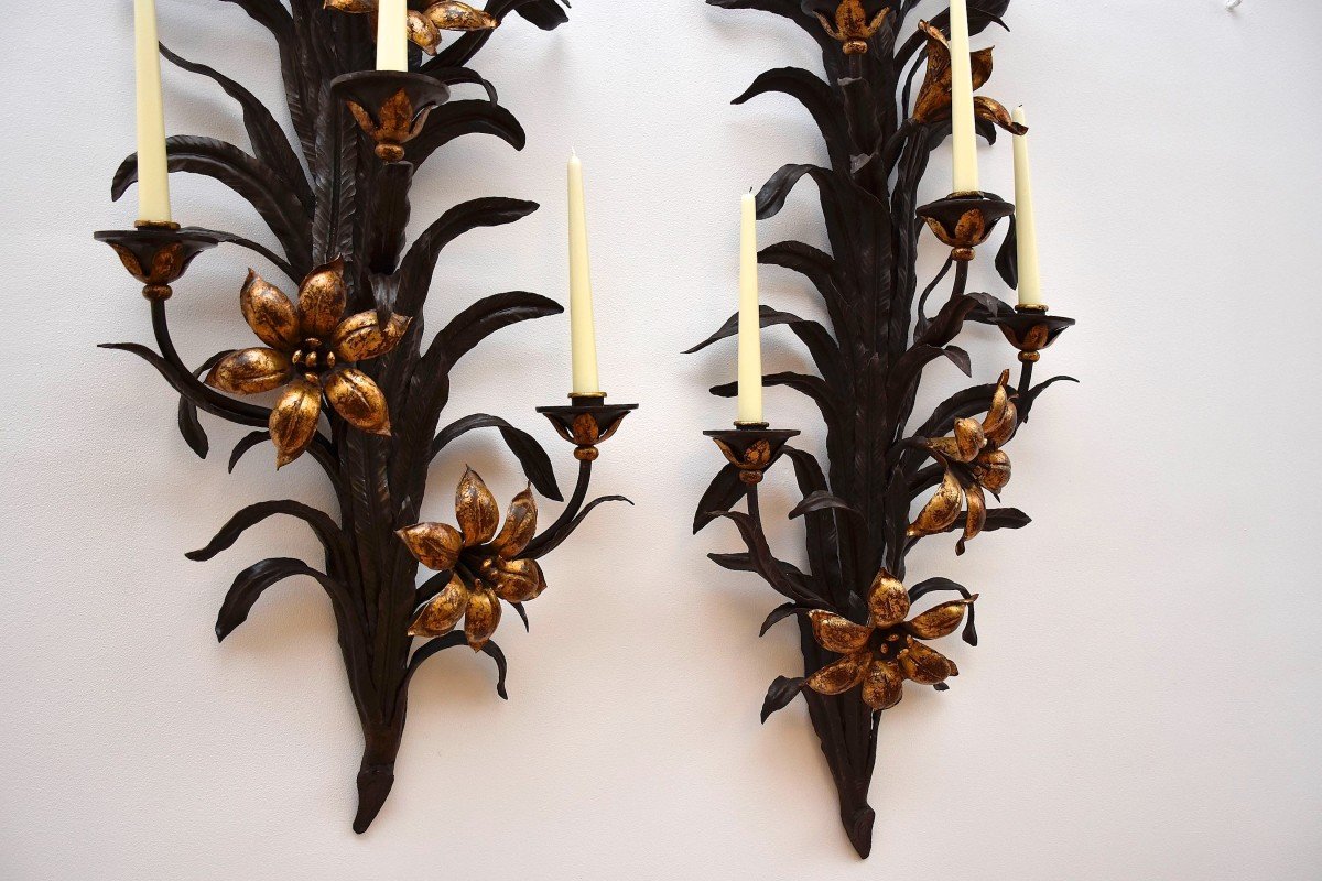 Large Gold And Patinated Flower Sconces-photo-1