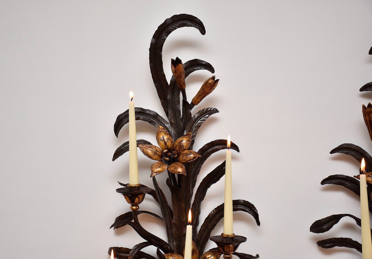Large Gold And Patinated Flower Sconces-photo-2