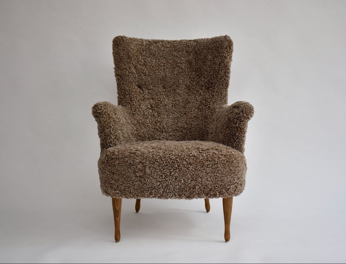 Modern Scandinavian Armchair "stora Furulid" In Sheepskin Upholstery By Carl Malmsten-photo-2