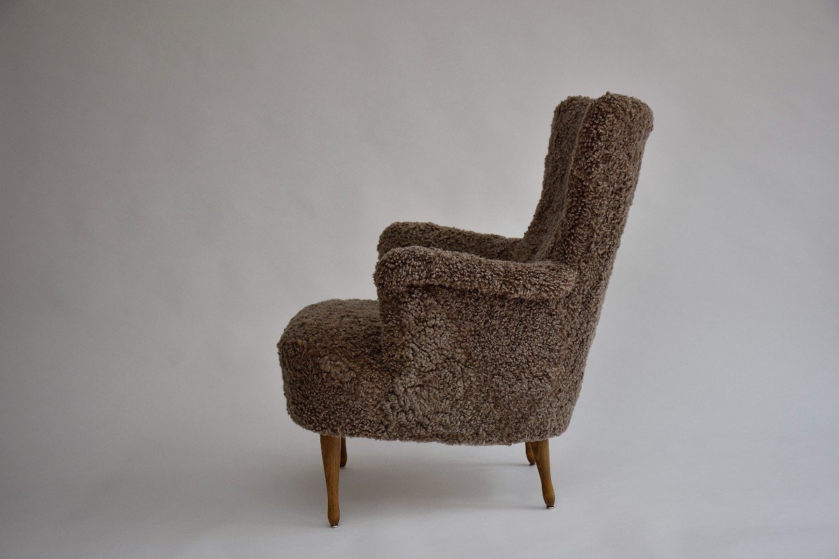 Modern Scandinavian Armchair "stora Furulid" In Sheepskin Upholstery By Carl Malmsten-photo-1