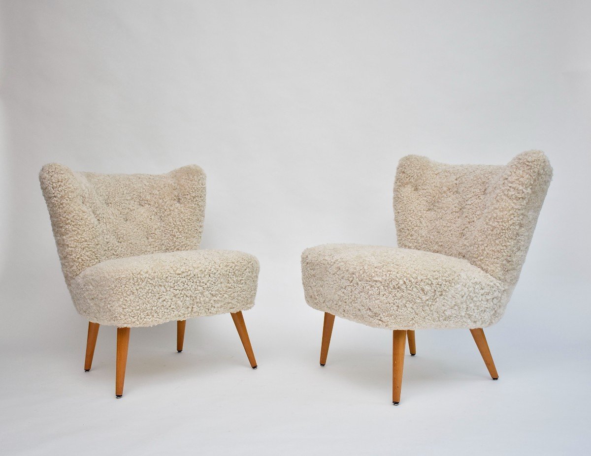 Paire De Chaises Longues Suédoises En Peau De Mouton, Vers 1940-photo-2
