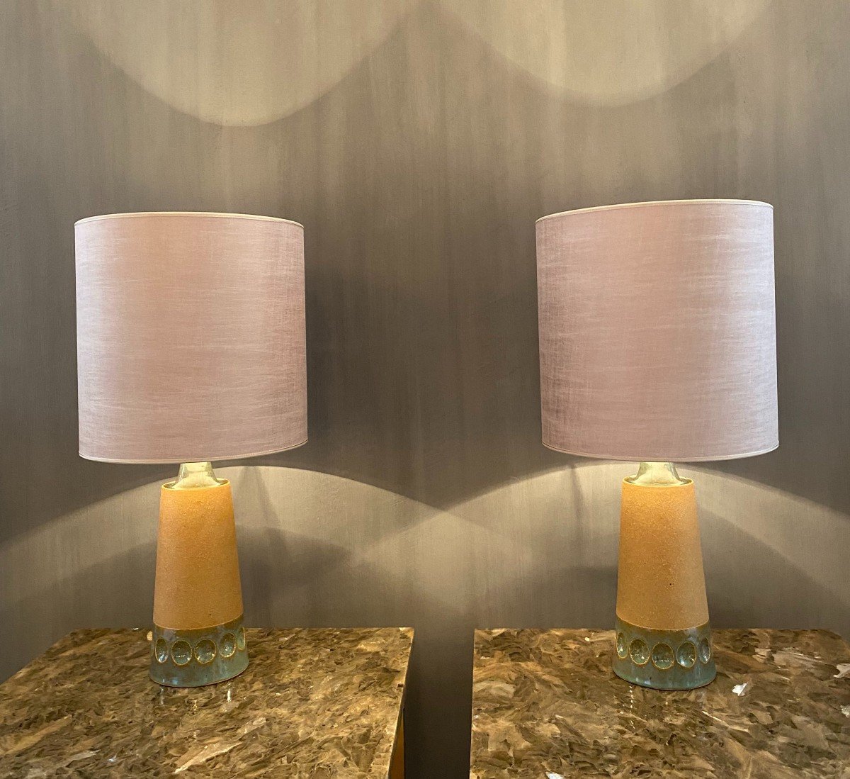 Paire De Lampes De Table Scandinaves Du Milieu Du Siècle En Grès Et Céramique Bleu/vert
