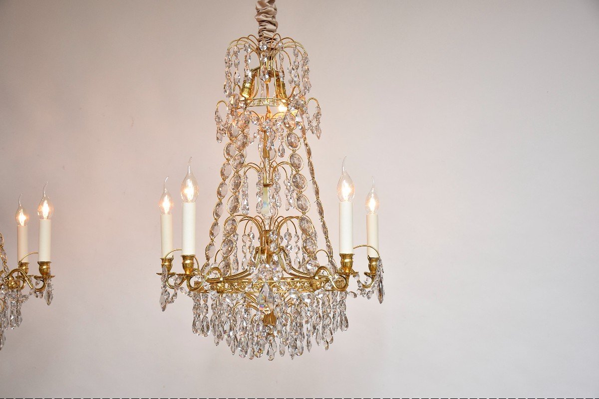 Pair Of Gustavian Style Crystal And Gilt Brass Chandeliers, Ca. 1900-photo-2