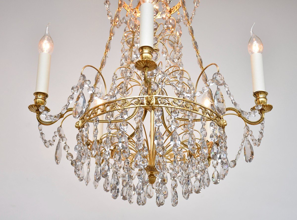 Pair Of Gustavian Style Crystal And Gilt Brass Chandeliers, Ca. 1900-photo-3