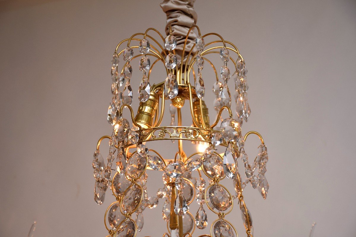 Pair Of Gustavian Style Crystal And Gilt Brass Chandeliers, Ca. 1900-photo-3