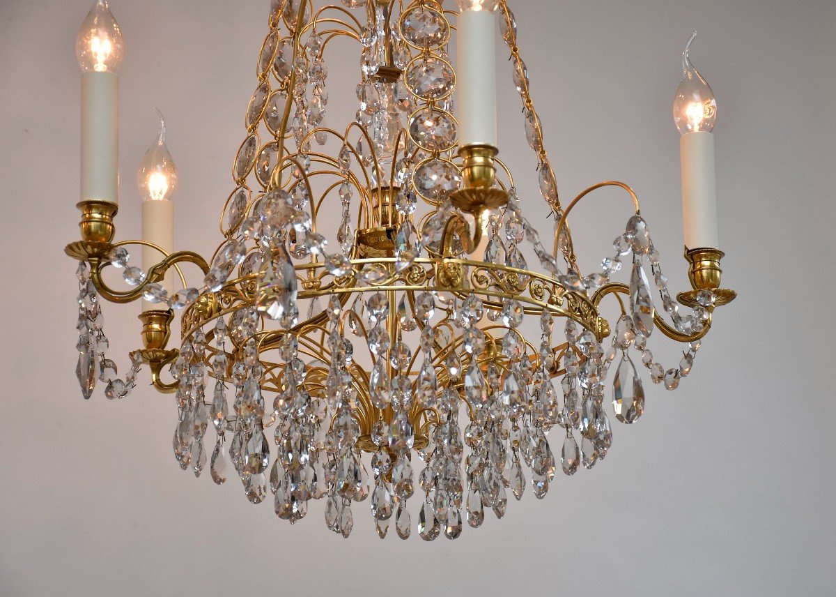 Pair Of Gustavian Style Crystal And Gilt Brass Chandeliers, Ca. 1900-photo-4