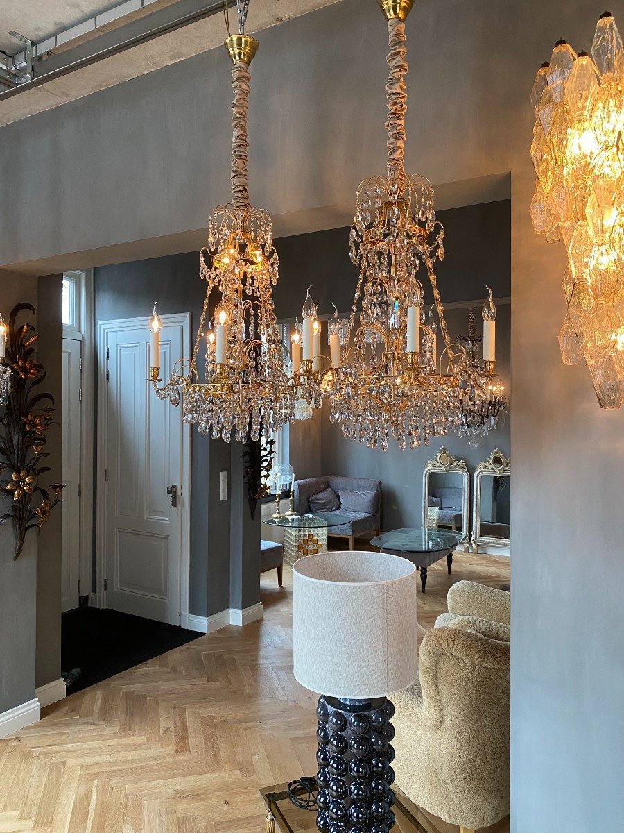 Pair Of Gustavian Style Crystal And Gilt Brass Chandeliers, Ca. 1900-photo-8