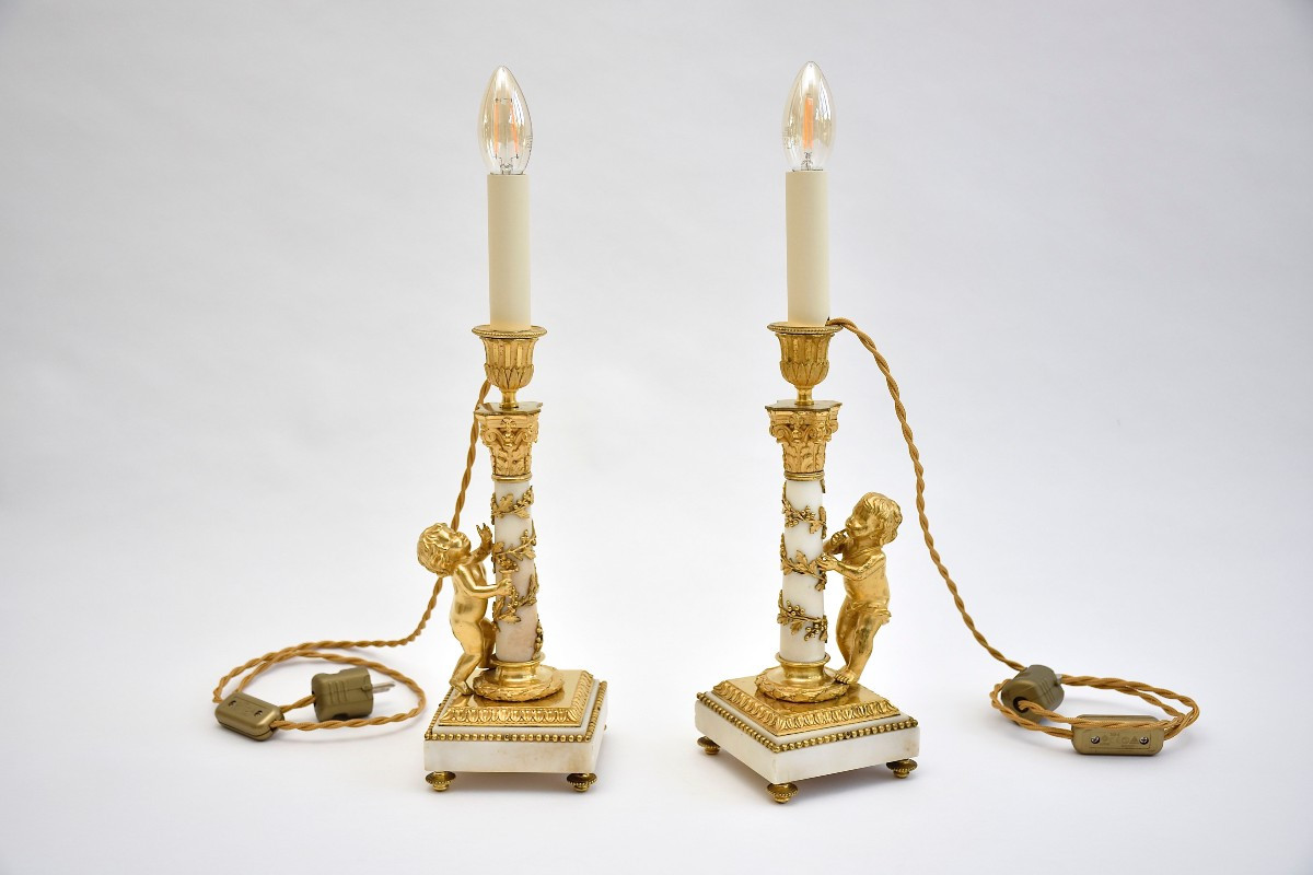 Pair Of Louis XVI Style Gilt Bronze And Marble Candelabras With Putti, 19th Century-photo-2