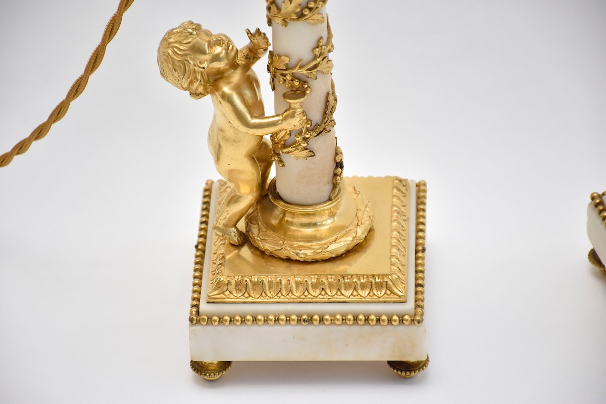 Pair Of Louis XVI Style Gilt Bronze And Marble Candelabras With Putti, 19th Century-photo-4