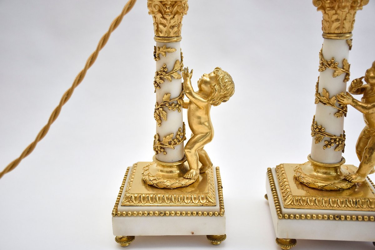 Pair Of Louis XVI Style Gilt Bronze And Marble Candelabras With Putti, 19th Century-photo-6