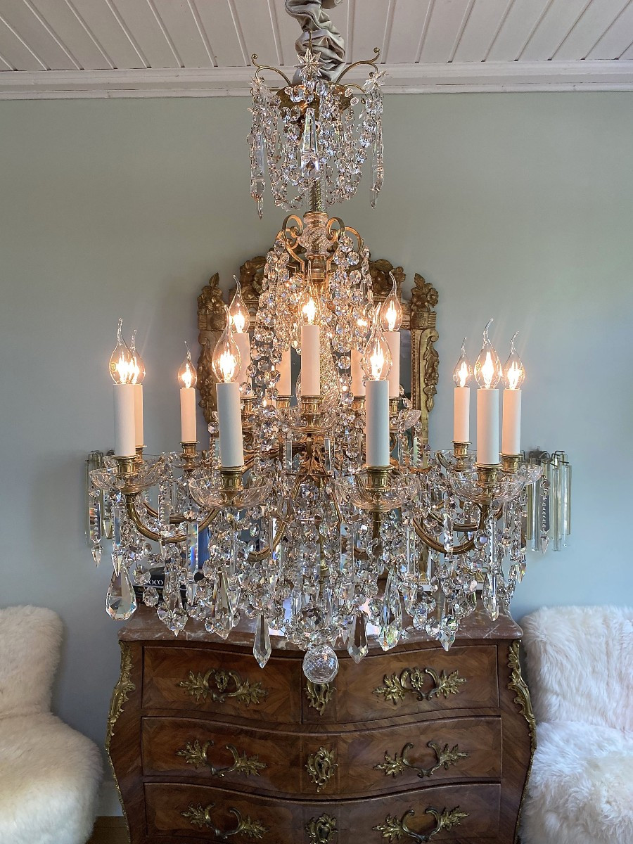 Lustre En Bronze Doré Et Cristal De Style Louis XVI-photo-7