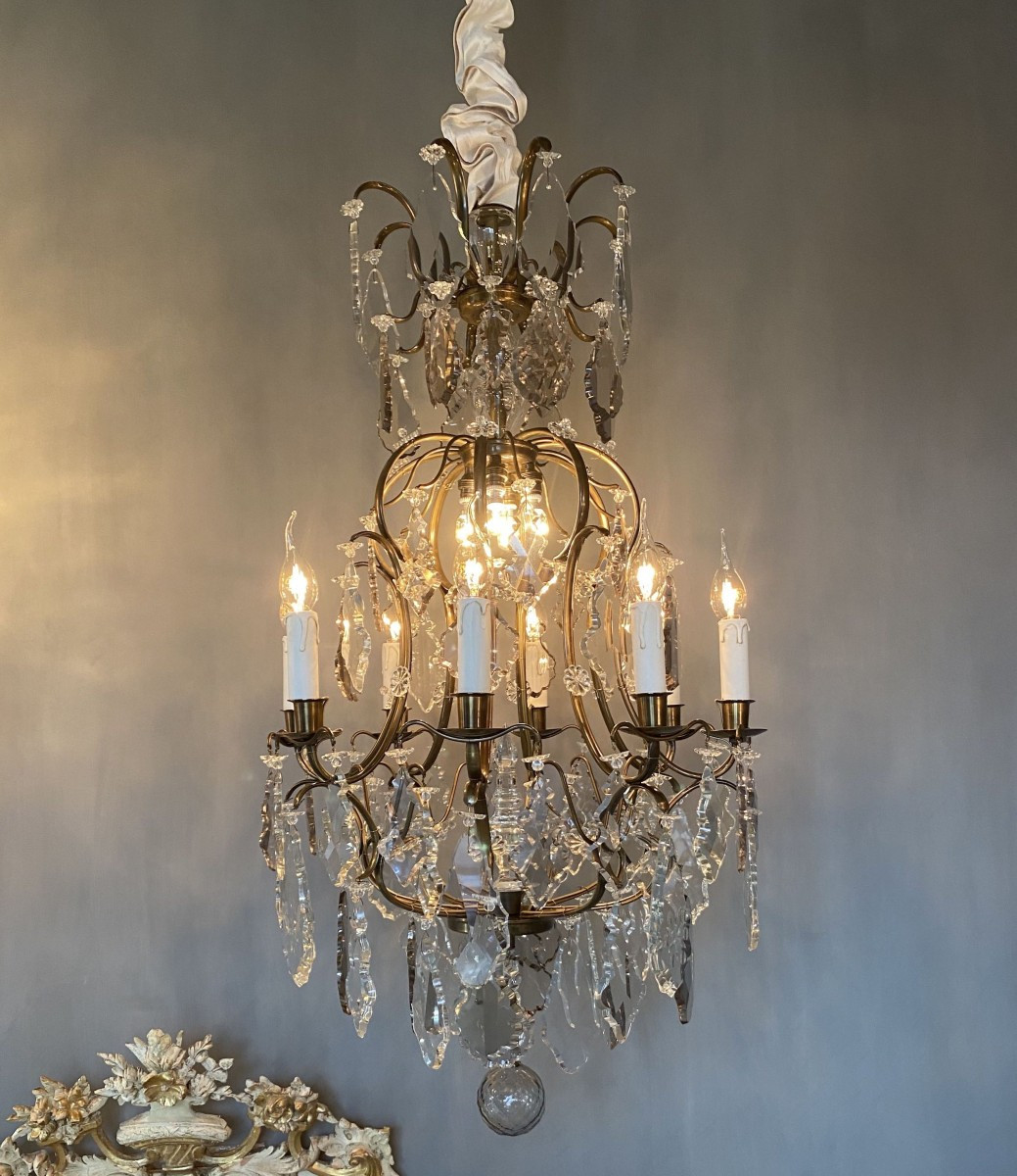 Rococo Style Brass And Crystal Chandelier