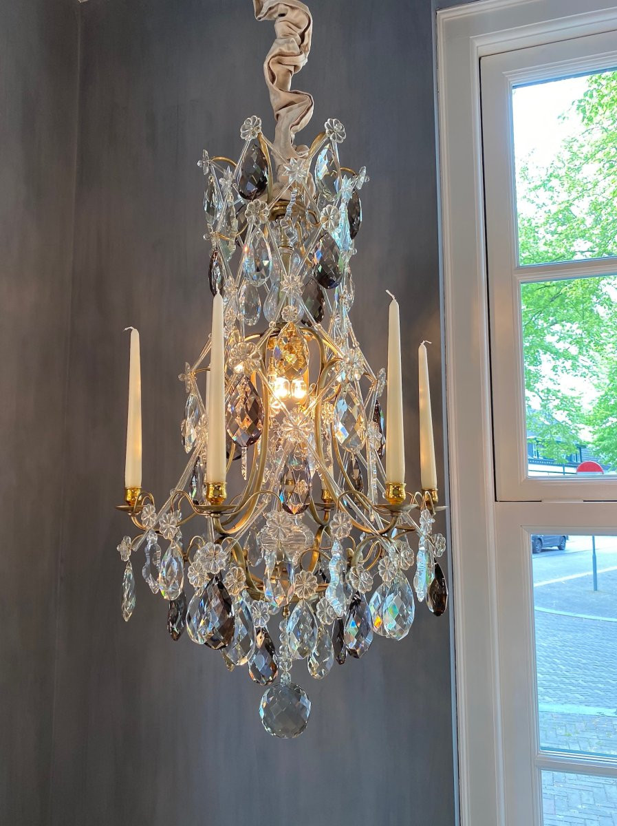 Lustre à bougies et lumières en laiton doré et cristal de style rococo-photo-2